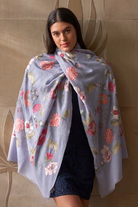 MAULI CASHMERE Blue Resham Perfect Bloom Embroidered Stole 