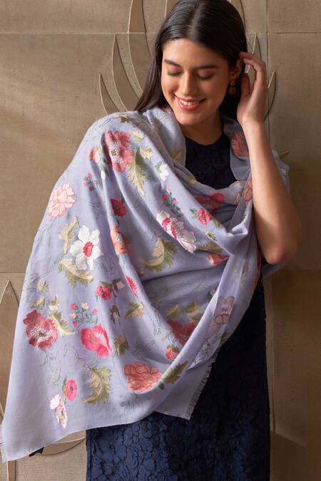 Mauli Cashmere_Blue Perfect Bloom Embroidered Stole_Online_at_Aza_Fashions