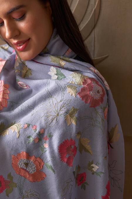 Buy_Mauli Cashmere_Blue Perfect Bloom Embroidered Stole_Online_at_Aza_Fashions