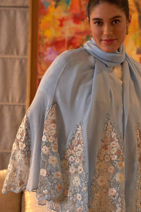 Shop Mauli Cashmere Blue Cherry Blossom Embroidered Stole at Aza Fashions Shop_Mauli Cashmere_Blue Cherry Blossom Embroidered Stole_at_Aza_Fashions