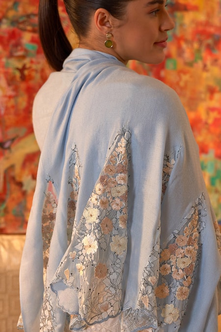 Mauli Cashmere Blue Cherry Blossom Embroidered Stole Online at Aza Fashions Mauli Cashmere_Blue Cherry Blossom Embroidered Stole_Online_at_Aza_Fashions