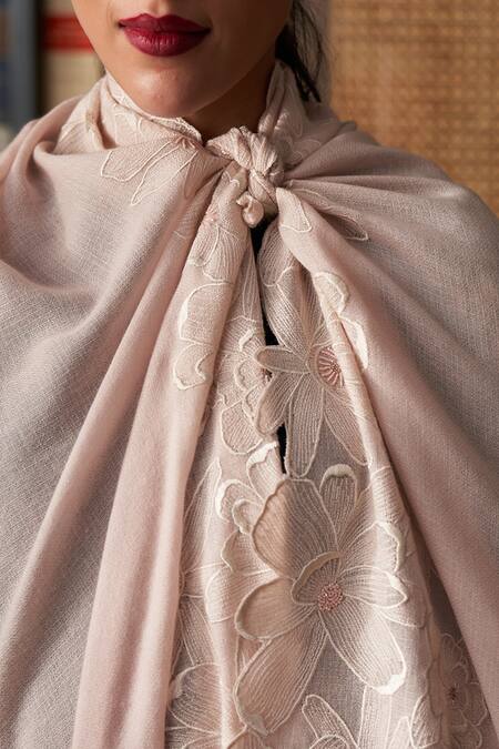 Mauli Cashmere_Pink Magnificent Magnolia Embroidered Stole_Online_at_Aza_Fashions