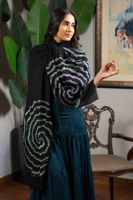 Shop Mauli Cashmere Black Twilight Shimmer Embroidered Stole at Aza Fashions Shop_Mauli Cashmere_Black Twilight Shimmer Embroidered Stole_at_Aza_Fashions