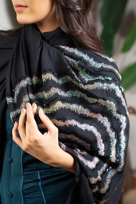 Buy Mauli Cashmere Black Twilight Shimmer Embroidered Stole Online at Aza Fashions Buy_Mauli Cashmere_Black Twilight Shimmer Embroidered Stole_Online_at_Aza_Fashions