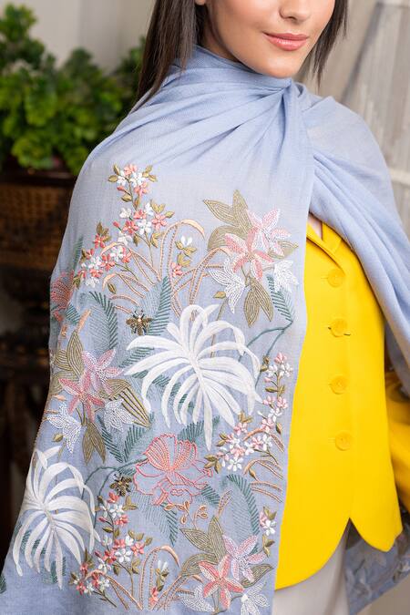 Buy_Mauli Cashmere_Blue Jungle Dream Embroidered Stole_Online_at_Aza_Fashions