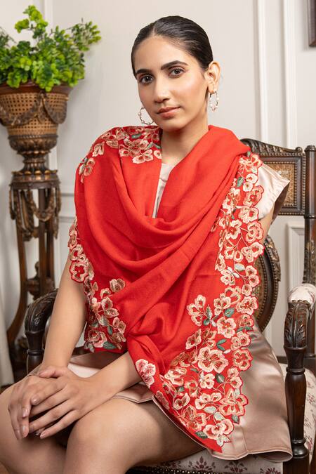 Mauli Cashmere_Red Orchid Embroidered Stole_Online_at_Aza_Fashions