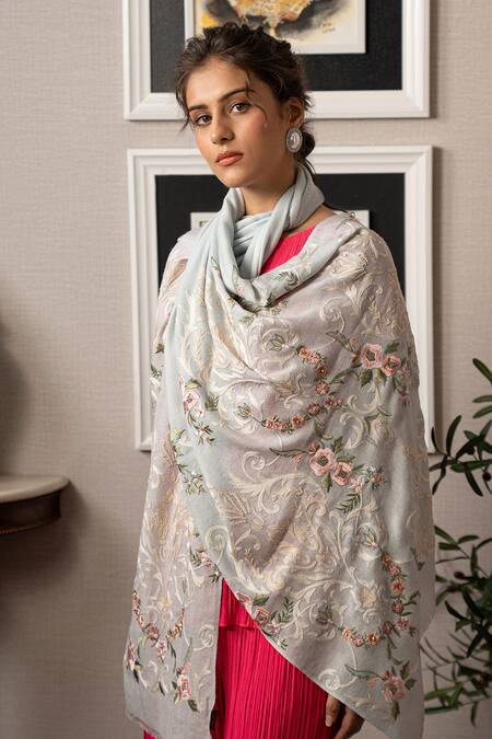 Mauli Cashmere_Blue Victorian Love Embroidered Stole_Online_at_Aza_Fashions