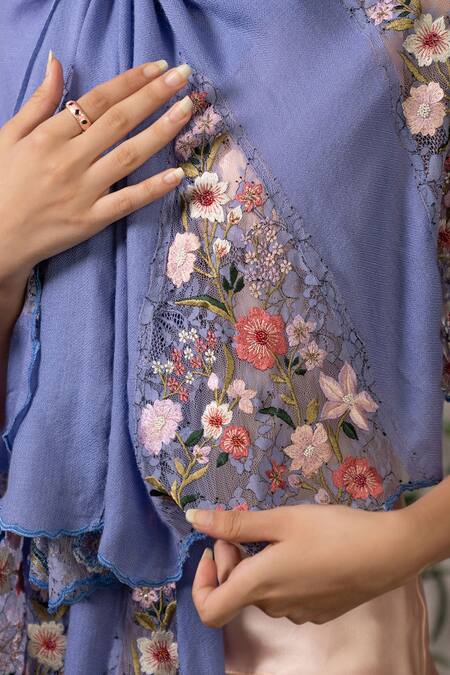 Buy_Mauli Cashmere_Purple Cherry Blossom Flounce Embroidered Stole_Online_at_Aza_Fashions