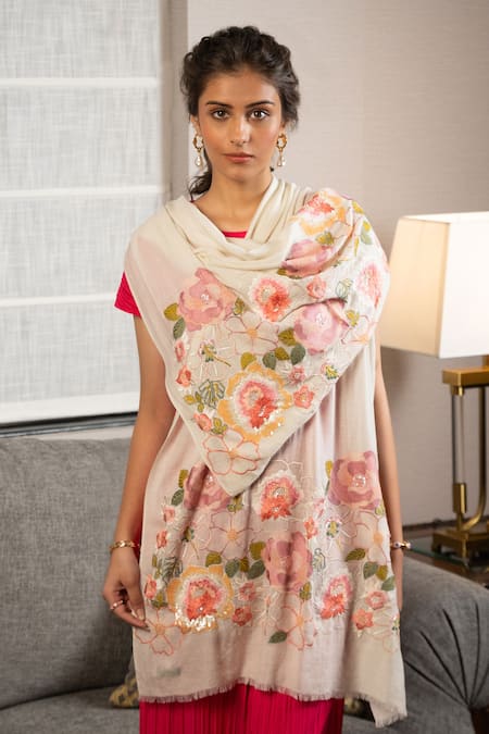 MAULI CASHMERE Botanical Floral Embroidered Stole 