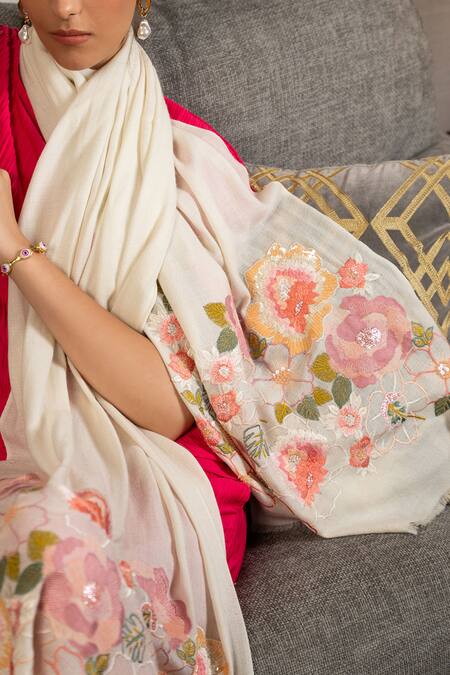 Mauli Cashmere_White Botanical Floral Embroidered Stole_Online_at_Aza_Fashions
