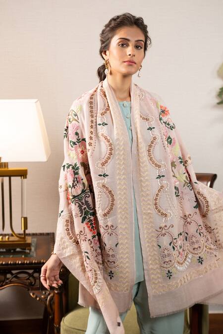 Mauli Cashmere_White Roman Times Embroidered Stole_Online_at_Aza_Fashions