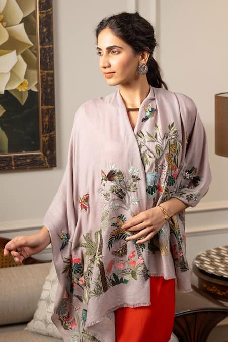 Mauli Cashmere_Purple Tropical Jungle Embroidered Stole_Online_at_Aza_Fashions