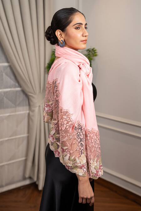 Mauli Cashmere_Peach English Daisy Embroidered Stole_Online_at_Aza_Fashions