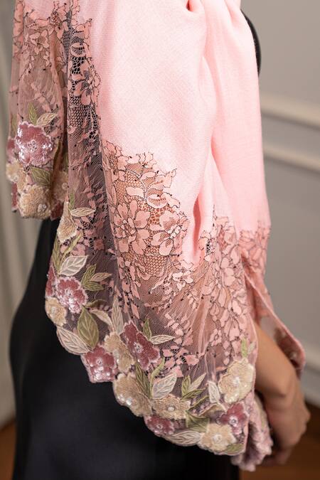 Buy_Mauli Cashmere_Peach English Daisy Embroidered Stole_Online_at_Aza_Fashions
