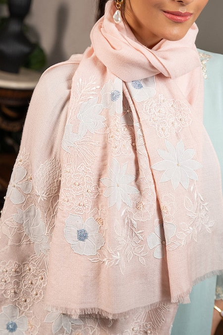 Mauli Cashmere_Pink Floraison Embroidered Stole_Online_at_Aza_Fashions