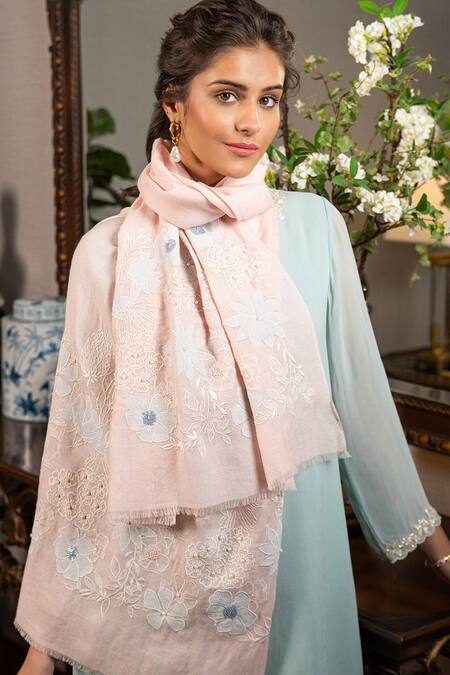 Buy_Mauli Cashmere_Pink Floraison Embroidered Stole_Online_at_Aza_Fashions