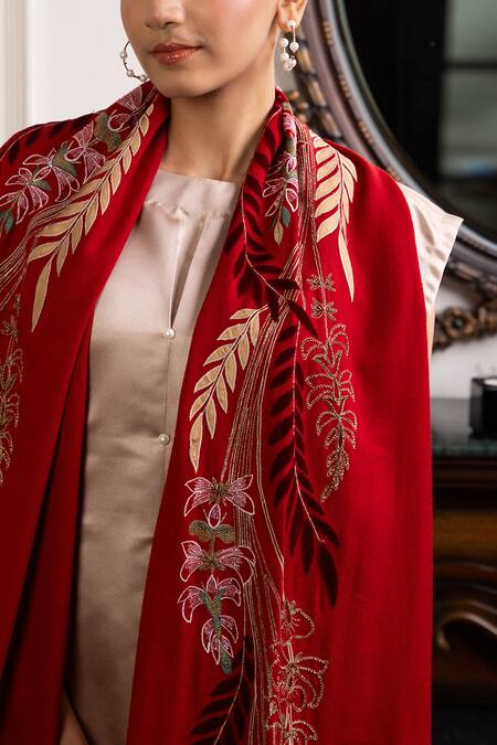 Buy_Mauli Cashmere_Red Leafy Affair Embroidered Stole_Online_at_Aza_Fashions