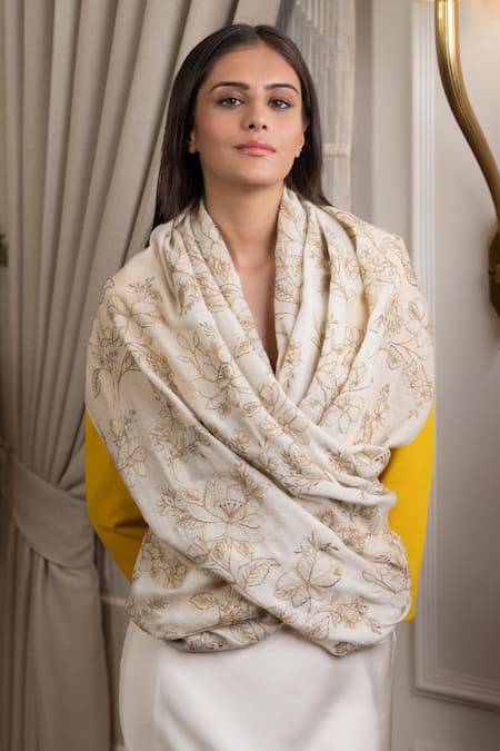 MAULI CASHMERE Ivory Thread Glitz Cherry Blossom Embroidered Stole 