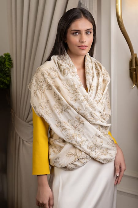Shop Mauli Cashmere Ivory Glitz Cherry Blossom Embroidered Stole at Aza Fashions Shop_Mauli Cashmere_Ivory Glitz Cherry Blossom Embroidered Stole_at_Aza_Fashions