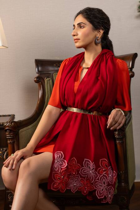 Shop Mauli Cashmere Red Sparkly Floral Embroidered Stole at Aza Fashions Shop_Mauli Cashmere_Red Sparkly Floral Embroidered Stole_at_Aza_Fashions