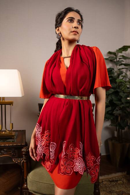 Mauli Cashmere Red Sparkly Floral Embroidered Stole Online at Aza Fashions Mauli Cashmere_Red Sparkly Floral Embroidered Stole_Online_at_Aza_Fashions