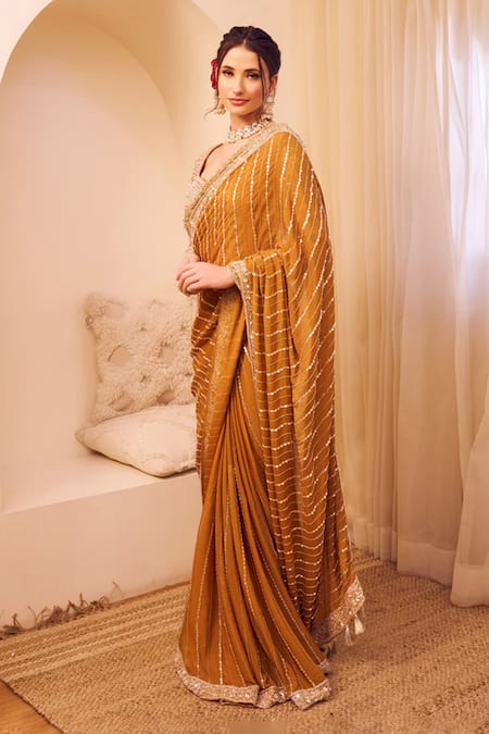 Swish By Dolcy And Simran Yellow Organza Lining Shantoon Riyaaz Phool Gul Border Saree With Blouse 