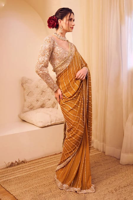 Shop Swish By Dolcy And Simran Yellow Organza, Linen Riyaaz Phool Gul Border Embroidered Saree With Blouse Online at Aza Fashions Shop_Swish By Dolcy And Simran_Yellow Organza, Linen Riyaaz Phool Gul Border Embroidered Saree With Blouse _Online_at_Aza_Fashions
