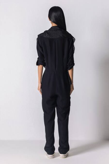 Shop_431-88 By Shweta Kapur_Black Microfiber Cut Work Collared Us Attached Scarf Jumpsuit_at_Aza_Fashions