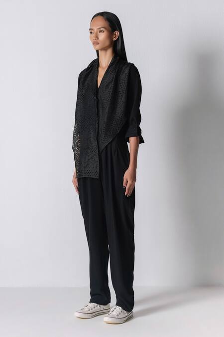 431-88 By Shweta Kapur_Black Microfiber Cut Work Collared Us Attached Scarf Jumpsuit_Online_at_Aza_Fashions