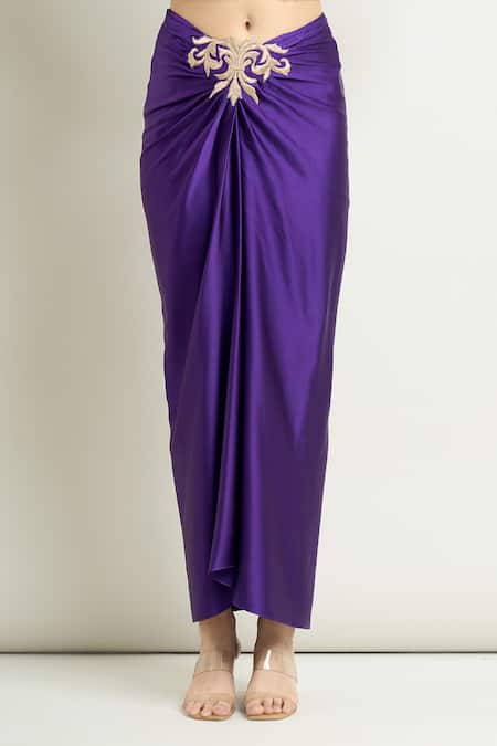 Buy_Anamika Khanna_Purple Silk Embroidery Sweetheart Neck Cape And Draped Skirt Set