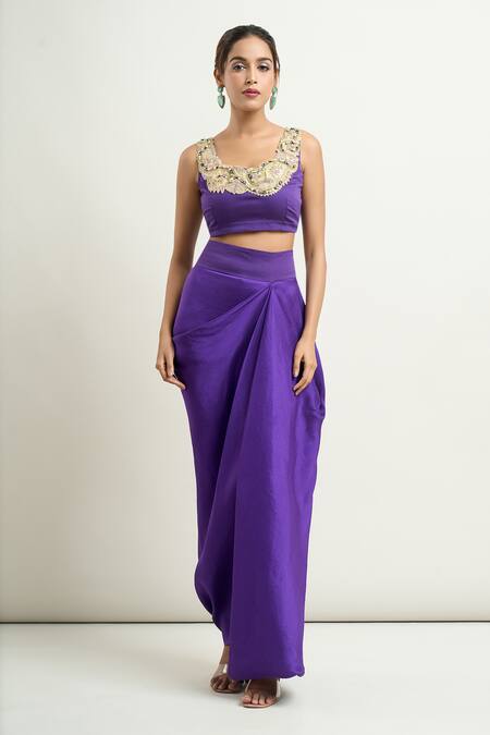 Shop Anamika Khanna Purple Georgette, Silk Embroidery Round Neck Cape With Draped Skirt Set Shop_Anamika Khanna_Purple Georgette, Silk Embroidery Round Neck Cape With Draped Skirt Set