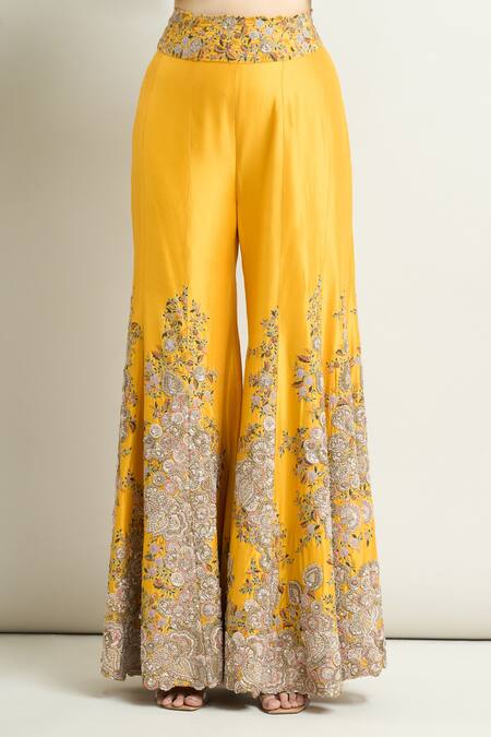 Anamika Khanna_Yellow Silk Zari, Embroidery Zardozi Floral Blazer Sharara Set_at_Aza_Fashions