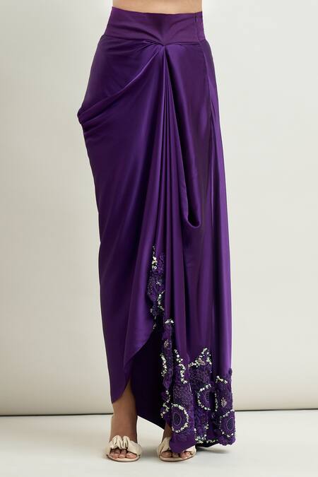 Buy_Anamika Khanna_Purple Satin Pearls, Embroidery One Shoulder Cape And Skirt Set