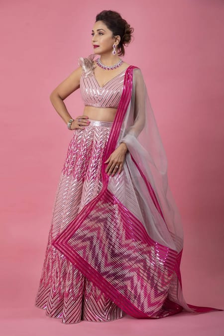 Amit Aggarwal Pink Tulle V Neck Metallic Lehenga Set  