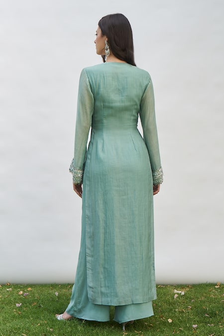 Shop Amrta By Guneet Kondal Green Silk, Viscose, Crepe Pearls, Hand Embroidered Cutwork Kurta With Pant at Aza Fashions Shop_Amrta By Guneet Kondal_Green Silk, Viscose, Crepe Pearls, Hand Embroidered Cutwork Kurta With Pant _at_Aza_Fashions