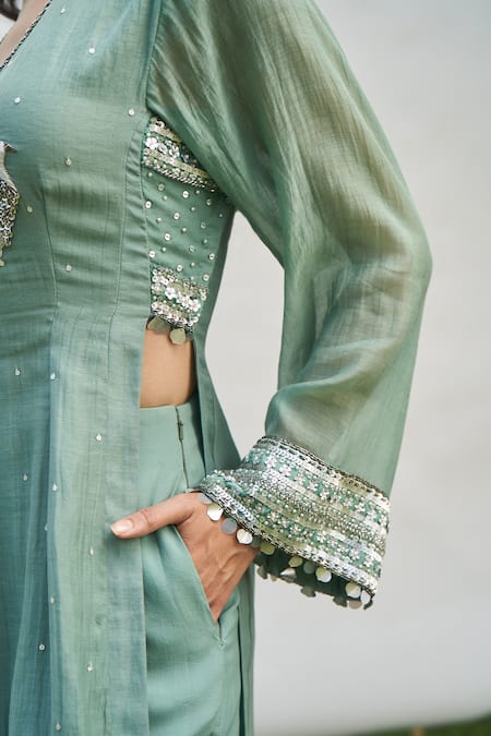 Amrta By Guneet Kondal Green Silk, Viscose, Crepe Pearls, Hand Embroidered Cutwork Kurta With Pant Online at Aza Fashions Amrta By Guneet Kondal_Green Silk, Viscose, Crepe Pearls, Hand Embroidered Cutwork Kurta With Pant _Online_at_Aza_Fashions