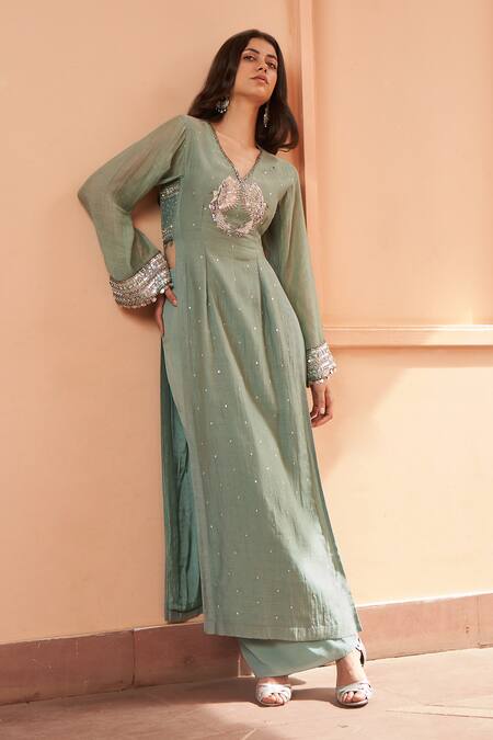 Buy Amrta By Guneet Kondal Green Silk, Viscose, Crepe Pearls, Hand Embroidered Cutwork Kurta With Pant Online at Aza Fashions Buy_Amrta By Guneet Kondal_Green Silk, Viscose, Crepe Pearls, Hand Embroidered Cutwork Kurta With Pant _Online_at_Aza_Fashions