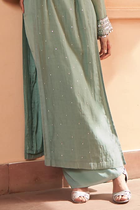 Shop Amrta By Guneet Kondal Green Silk, Viscose, Crepe Pearls, Hand Embroidered Cutwork Kurta With Pant Online at Aza Fashions Shop_Amrta By Guneet Kondal_Green Silk, Viscose, Crepe Pearls, Hand Embroidered Cutwork Kurta With Pant _Online_at_Aza_Fashions