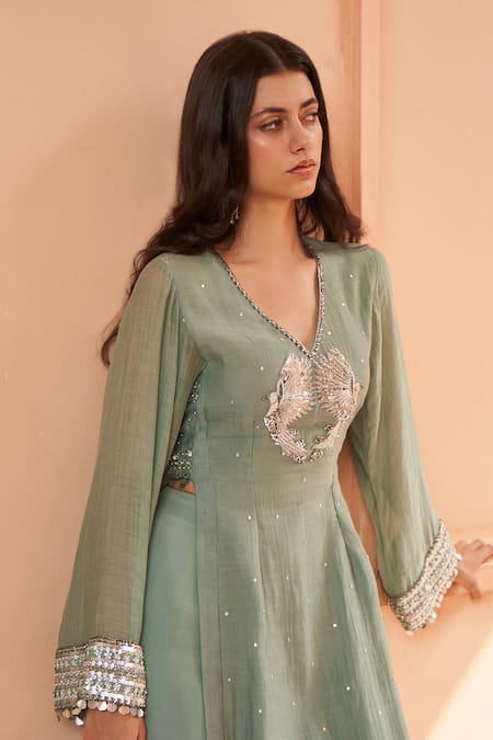 Amrta By Guneet Kondal Green Silk, Viscose, Crepe Pearls, Hand Embroidered Cutwork Kurta With Pant at Aza Fashions Amrta By Guneet Kondal_Green Silk, Viscose, Crepe Pearls, Hand Embroidered Cutwork Kurta With Pant _at_Aza_Fashions