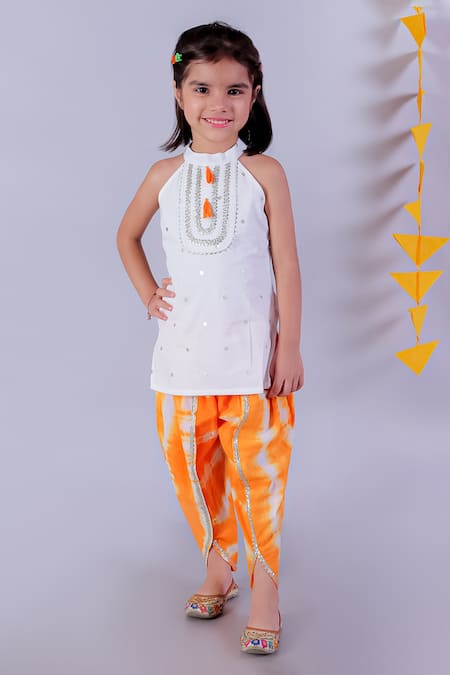 LIL DRAMA Janmashtami Gota Lace Embellished Yoke Kurta With Tie Dye Dhoti Pant 