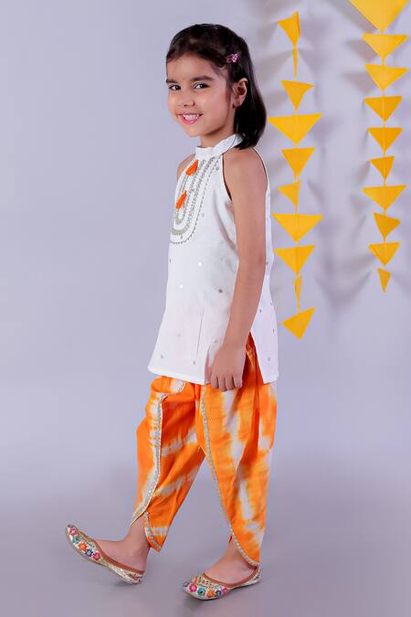 Lil Drama_White Cotton Janmashtami Lace Embellished Yoke Kurta With Tie Dye Dhoti Pant _Online_at_Aza_Fashions
