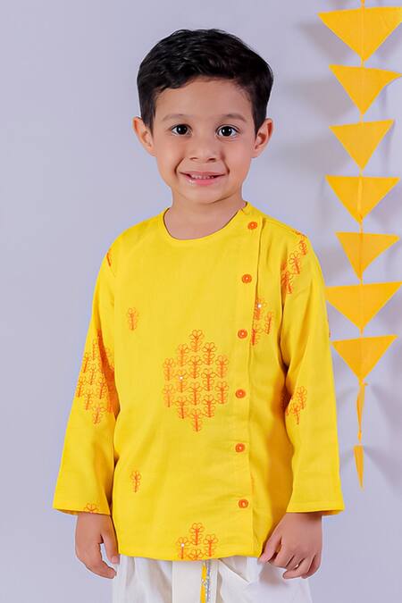 Buy_Lil Drama_Yellow Cotton Sequins Janmashtami Marigold Blossom Embroidered Kurta With Dhoti _Online_at_Aza_Fashions