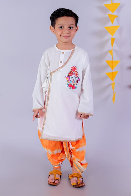 LIL DRAMA Bal Ganesha Embroidered Kurta With Tie Dye Dhoti 