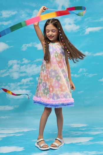 Lil Drama_Multi Color Polyester, Linen Sequins Pleated Frilled Hem Dress _Online_at_Aza_Fashions
