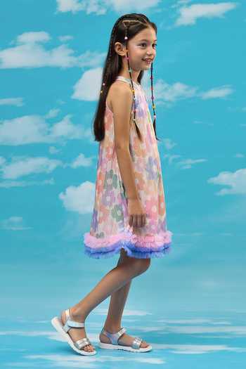 Lil Drama_Multi Color Polyester, Linen Sequins Pleated Frilled Hem Dress _at_Aza_Fashions