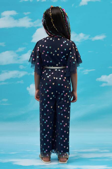 Shop Lil Drama Blue Polyester Heart Foil Print Jumpsuit at Aza Fashions Shop_Lil Drama_Blue Polyester Heart Foil Print Jumpsuit _at_Aza_Fashions