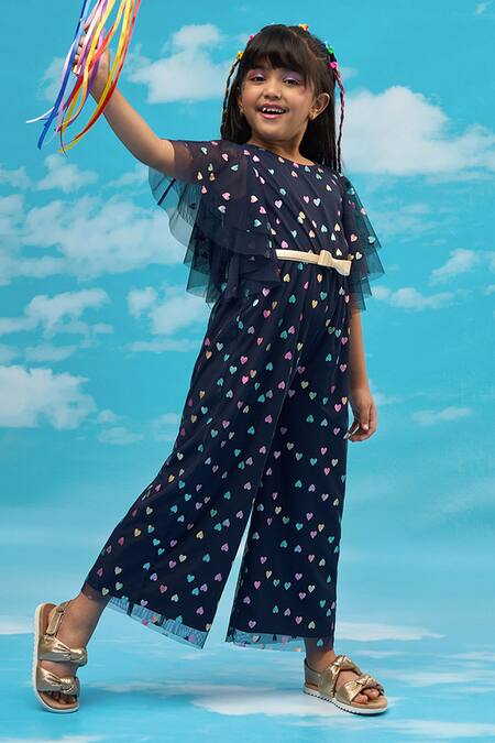 Lil Drama Blue Polyester Heart Foil Print Jumpsuit Online at Aza Fashions Lil Drama_Blue Polyester Heart Foil Print Jumpsuit _Online_at_Aza_Fashions