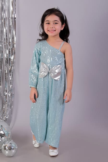 Lil Drama Blue Polyester Bows Sequin Embroidered One-shoulder Jumpsuit