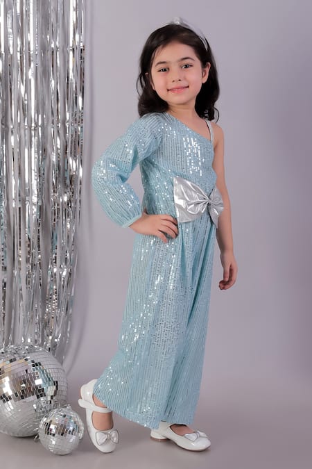 Shop Lil Drama Blue Polyester Bows Sequin Embroidered One-shoulder Jumpsuit Online at Aza Fashions Shop_Lil Drama_Blue Polyester Bows Sequin Embroidered One-shoulder Jumpsuit _Online_at_Aza_Fashions