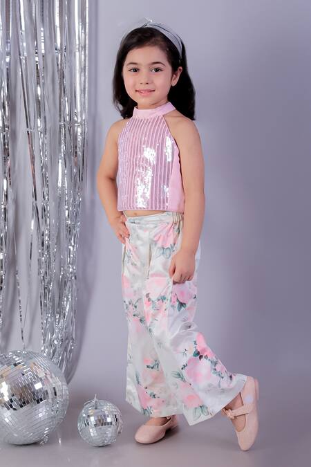 Lil Drama Pink Polyester, Cotton Sequins Floral Printed Top And Pant Set Online at Aza Fashions Lil Drama_Pink Polyester, Cotton Sequins Floral Printed Top And Pant Set _Online_at_Aza_Fashions